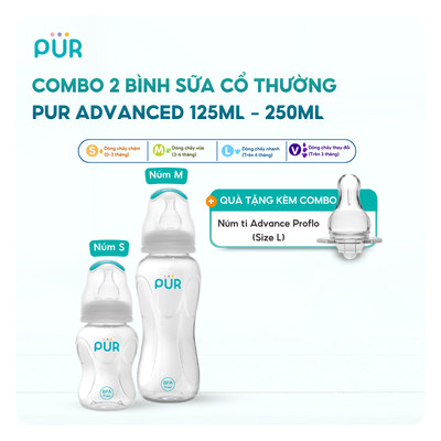 Combo bình sữa Pur Advanced 125ml, bình sữa Pur Advanced 250ml + Núm ti Pur Advanced size L