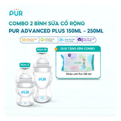 Combo 2 bình sữa Pur cổ rộng 150ml + 250ml - Tặng gói khăn ướt Pur 20 tờ
