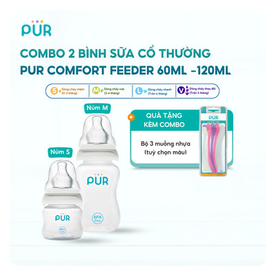 Combo 2 bình Pur Comfort Feeder 60ml, 120ml, tặng 1 bộ muỗng ăn dặm cho bé
