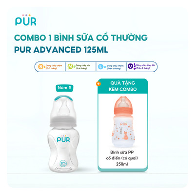 Combo 1 Bình sữa Pur cổ thường 125ml + 1 Bình sữa Pur cổ rộng đáy bầu 250ml