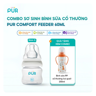 Combo bình sữa PUR gồm Bình sữa Pur sơ sinh 60ml + bình sữa Pur 2 quai họa tiết 250ml (màu ngẫu nhiên)