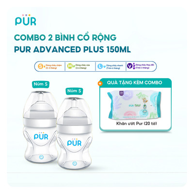 Combo 2 bình sữa Pur cổ rộng 150ml đi kèm núm S - Tặng 1 gói khăn ướt Pur loại lớn 100 tờ
