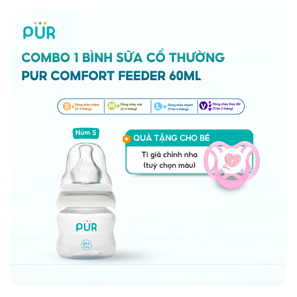 Combo 1 Bình sữa Pur sơ sinh 60ml + 1 Núm ti giả CHỈNH NHA PUR