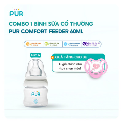 Combo 1 Bình sữa Pur sơ sinh 60ml + 1 Núm ti giả CHỈNH NHA PUR