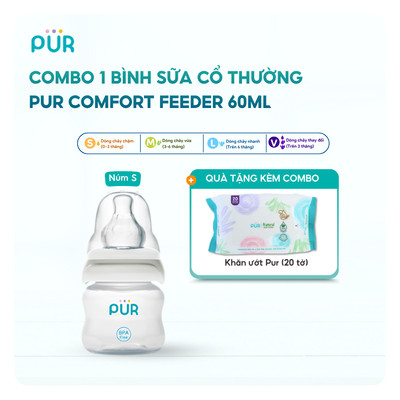 Bình sữa cổ thường Pur - Comfort Feeder (Anti-Colic Feeding bottle) 60ml cho bé sơ sinh - tặng 1 bịch khăn ướt Pur