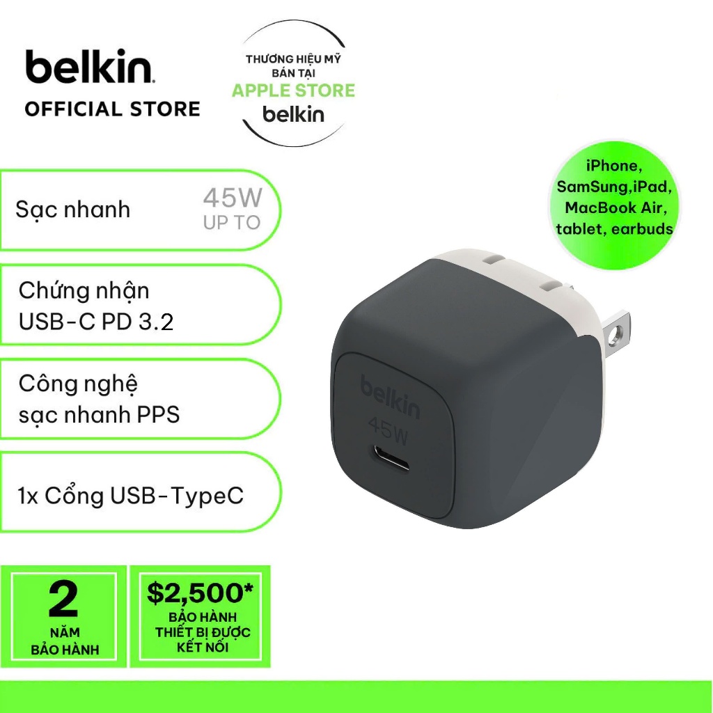 Củ sạc nhanh Belkin 45W USB-C PD 3.2 PPS nhỏ gọn 1 cổng cho iPhone 17 iPad MacBook Air BH chính hãng 2 năm