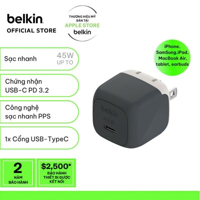 Củ sạc nhanh Belkin 45W USB-C PD 3.2 PPS nhỏ gọn 1 cổng cho iPhone 17 iPad MacBook Air BH chính hãng 2 năm