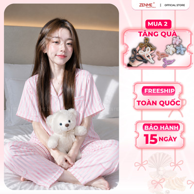 [HÀNG MỚI VỀ] Bộ ngủ pyjama mùa hè ZENME áo ngắn quần dài hoạ tiết nơ hồng mặc nhà mềm mát PJD0626