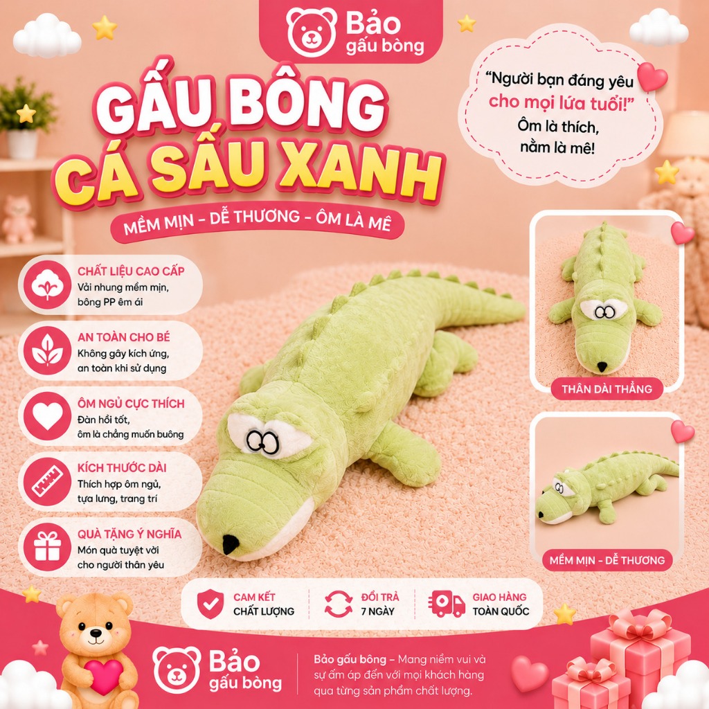 Gấu Bông Cá Sấu Gai Lông Xù 1m2 2m Thú Nhồi Bông Gối Ôm Dài Ôm Ngủ