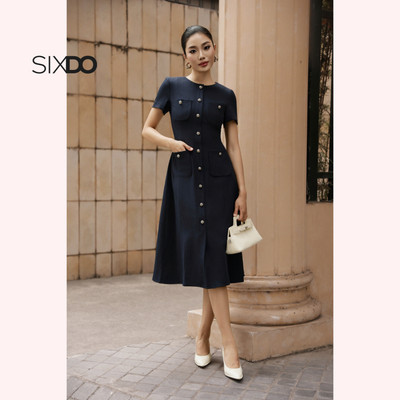 Đầm xanh navy cổ tròn ngắn tay phối cúc dáng xòe (Navy Woven Flared Dress)