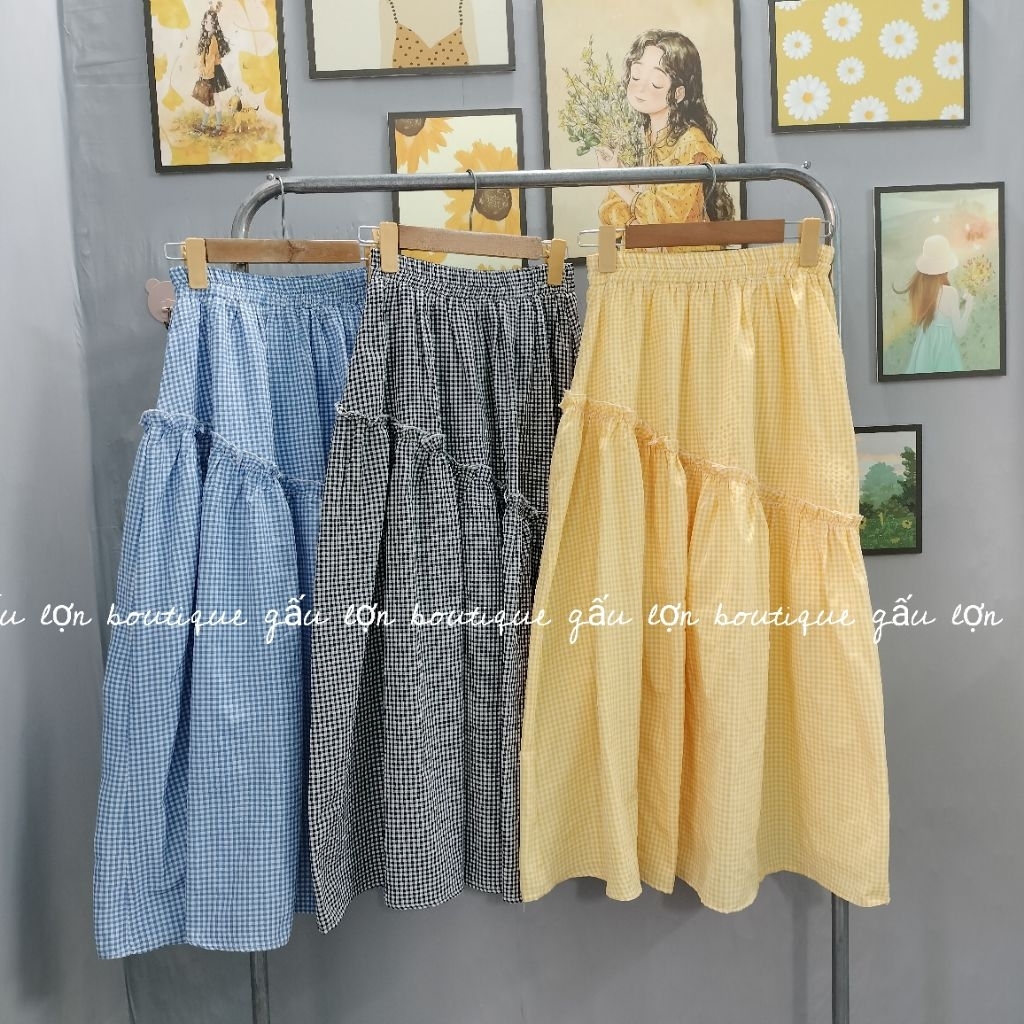 chân váy midi bèo nhún kẻ caro dáng dài ulzzang