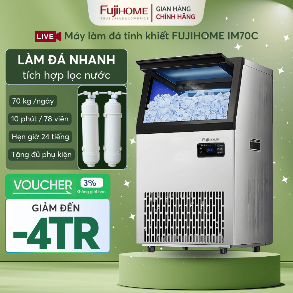 Máy làm đá viên 70kg tinh khiết Nhập Khẩu FUJIHOME IM70C, Máy tạo đá kèm lọc nước quán cafe nhà hàng