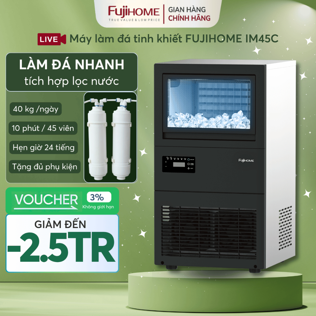 Máy làm đá viên công nghiệp Nhập Khẩu FUJIHOME IM45C, Máy tạo đá tinh khiết lọc nước cafe nhà hàng
