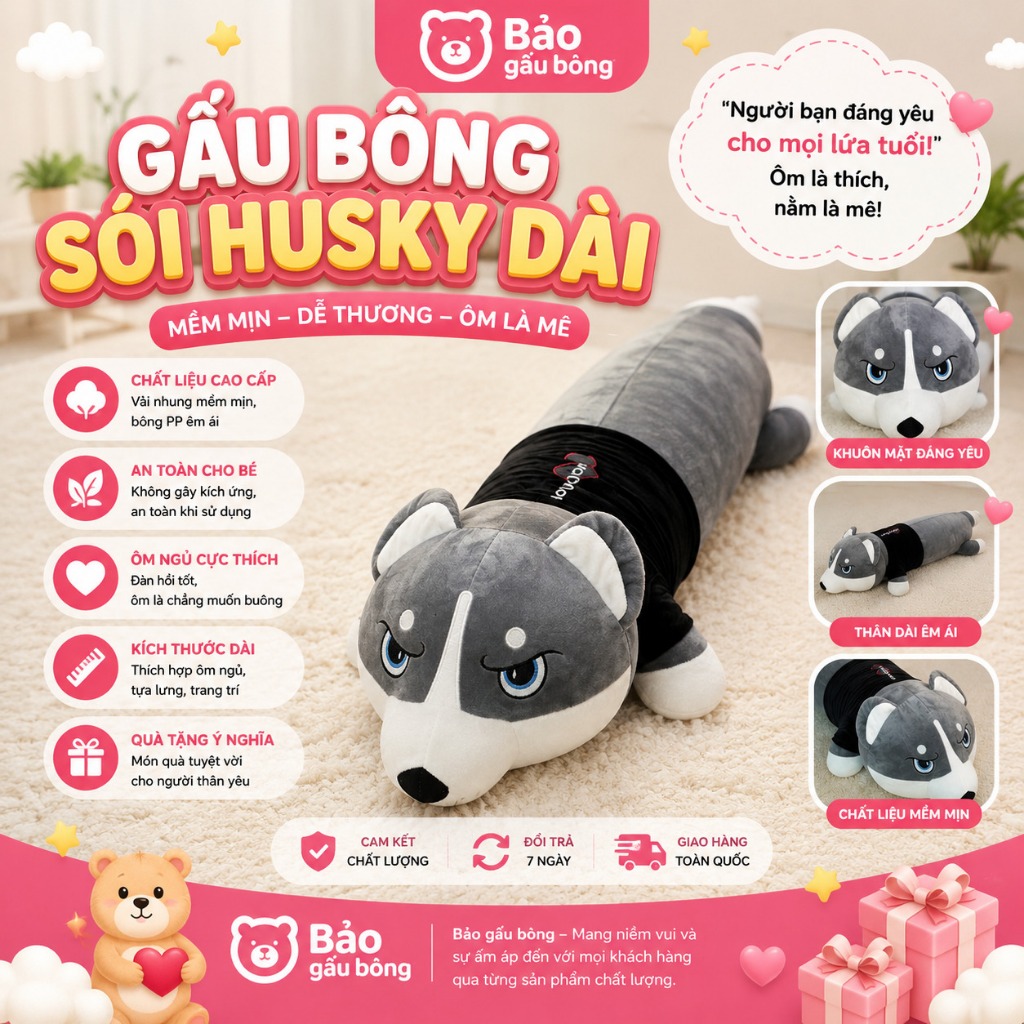 Gấu Bông Husky Chó Ngáo 1m6 Gối Ôm Dài Thú Nhồi Bông Dễ Thương