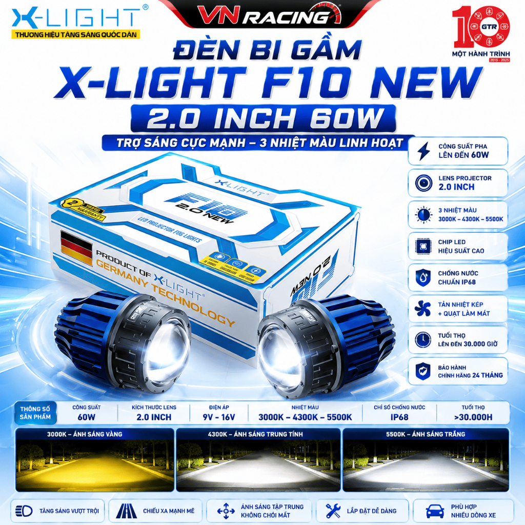 Đèn Bi Gầm Trợ Sáng Bi Cầu LED X-LIGHT F10 NEW 2.0 Inch 60W 3 Nhiệt Màu Chính Hãng Ánh Sáng Mạnh
