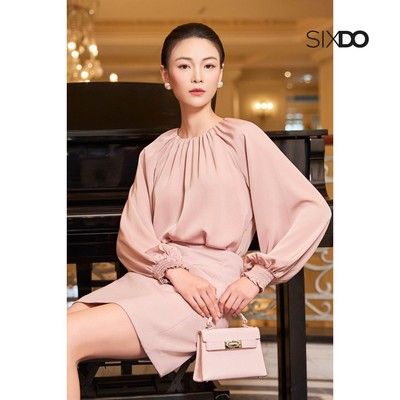 Áo kiểu cổ nhún dài tay bo chun SIXDO (Pink Silk Blouse)
