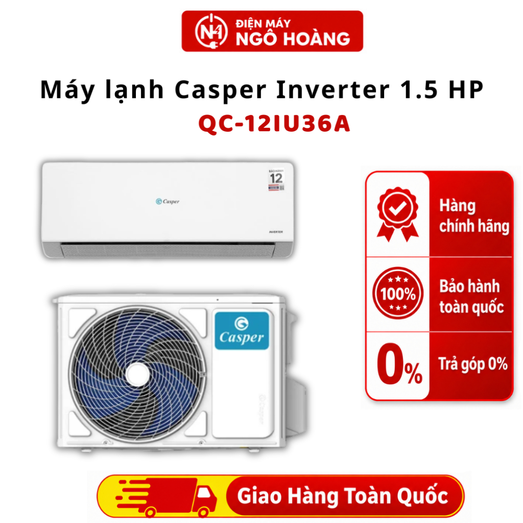 QC-12IU36A - Máy lạnh Casper Inverter 1.5HP QC-12IU36A - Điều hòa 1 chiều 12000BTU, làm lạnh nhanh -