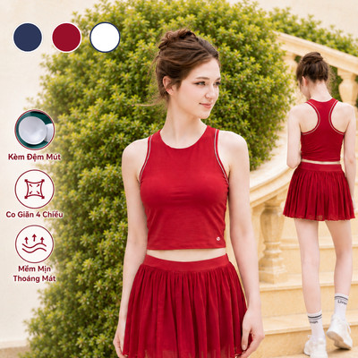 Áo Croptop LV26N01F133 Cổ Tròn, Áo Ba Lỗ Nữ Kèm Đệm Chơi Pickle Ball, Tennis, Yoga