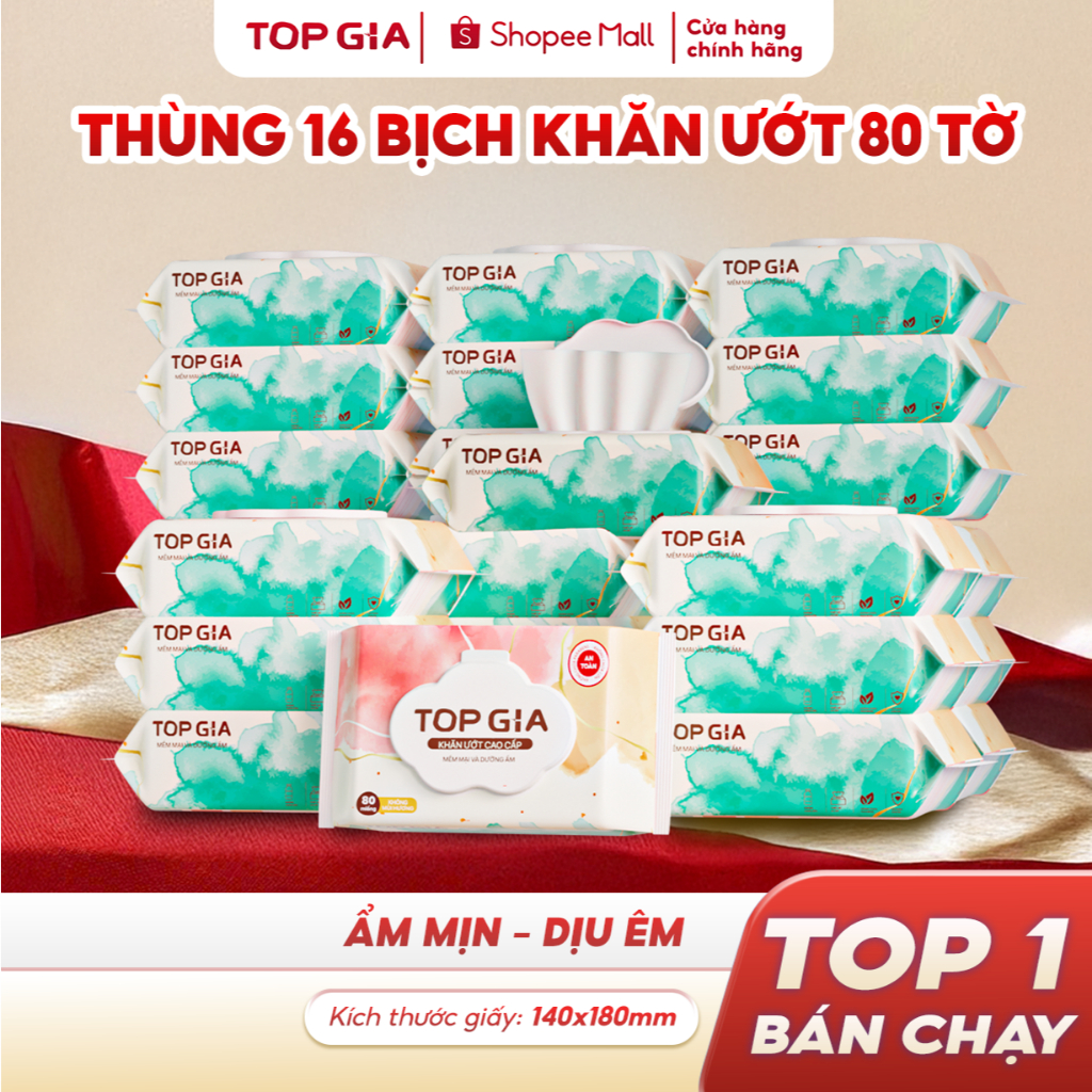 Thùng 16 bịch khăn ướt Topgia 80 tờ không cồn không parabens cao cấp dành cho mẹ và bé
