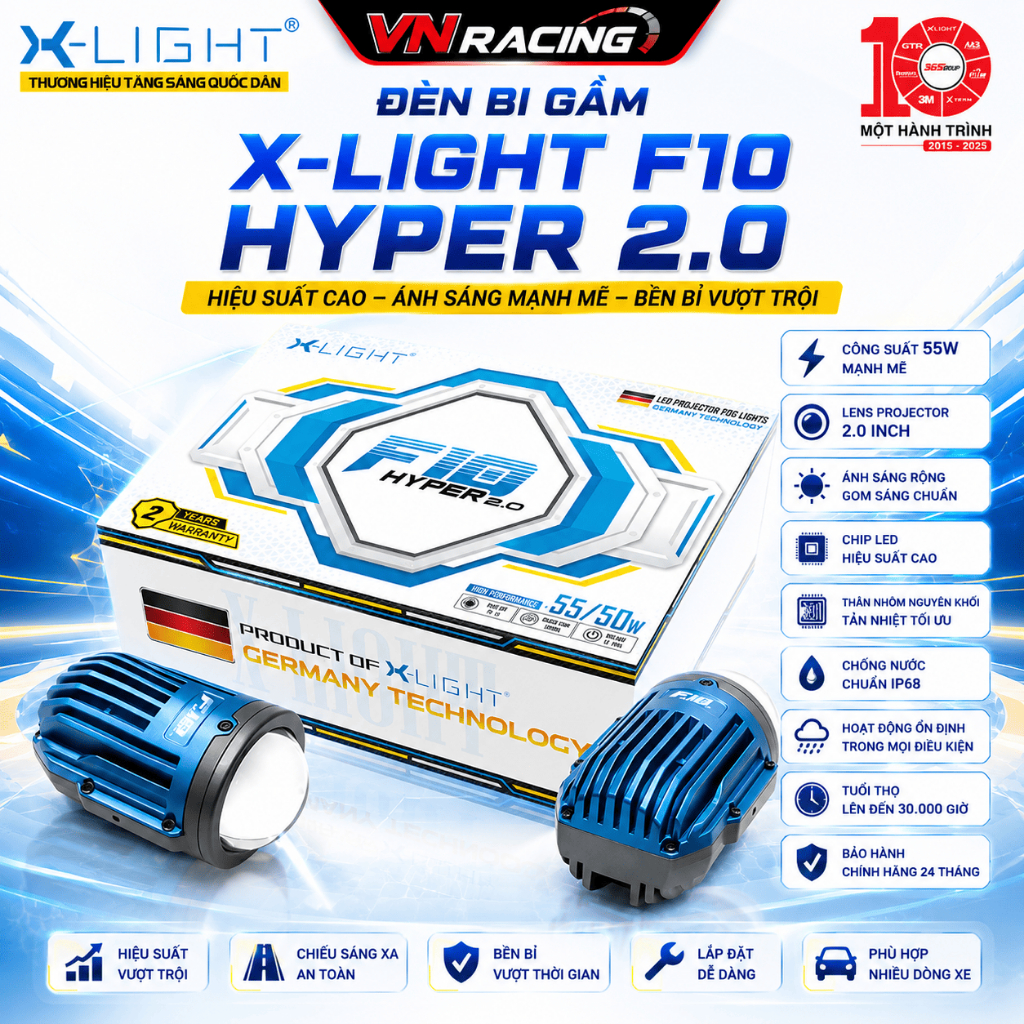 Đèn Bi Gầm Trợ Sáng Bi Cầu LED X-LIGHT F10 HYPER 2.0 Inch 55W Chính Hãng Ánh Sáng Mạnh BH 2 Năm