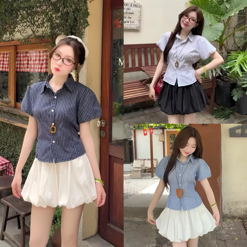 [Peinn] Áo sơ mi kẻ tay phồng dáng ngắn thô linen xixeoshop M9579