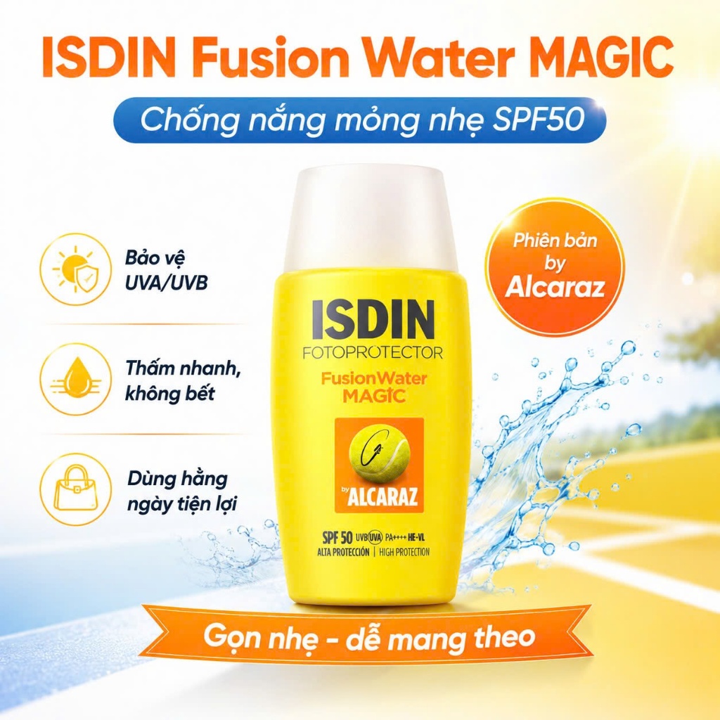 Kem Chống Nắng ISDIN Fusion Water MAGIC by Alcaraz SPF50 50ml Mỏng Nhẹ, Kháng Mồ Hôi, Không Bết Dính