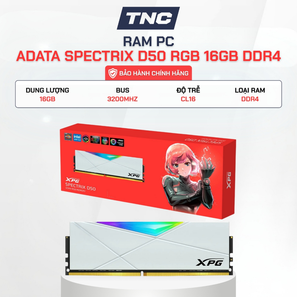Ram PC Adata Spectrix D50 RGB 16GB DDR4 3200 MHz Màu Trắng - Bảo Hành 36 Tháng - TNC STORE