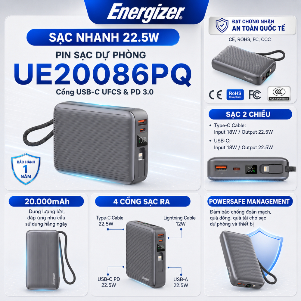 Sạc Dự Phòng Energizer 20000mAh Max 45W Sạc Nhanh PD cho iPhone/ Samsung, Chính Hãng, Bảo Hành 1 Năm | BigBuy360 - bigbuy360.vn