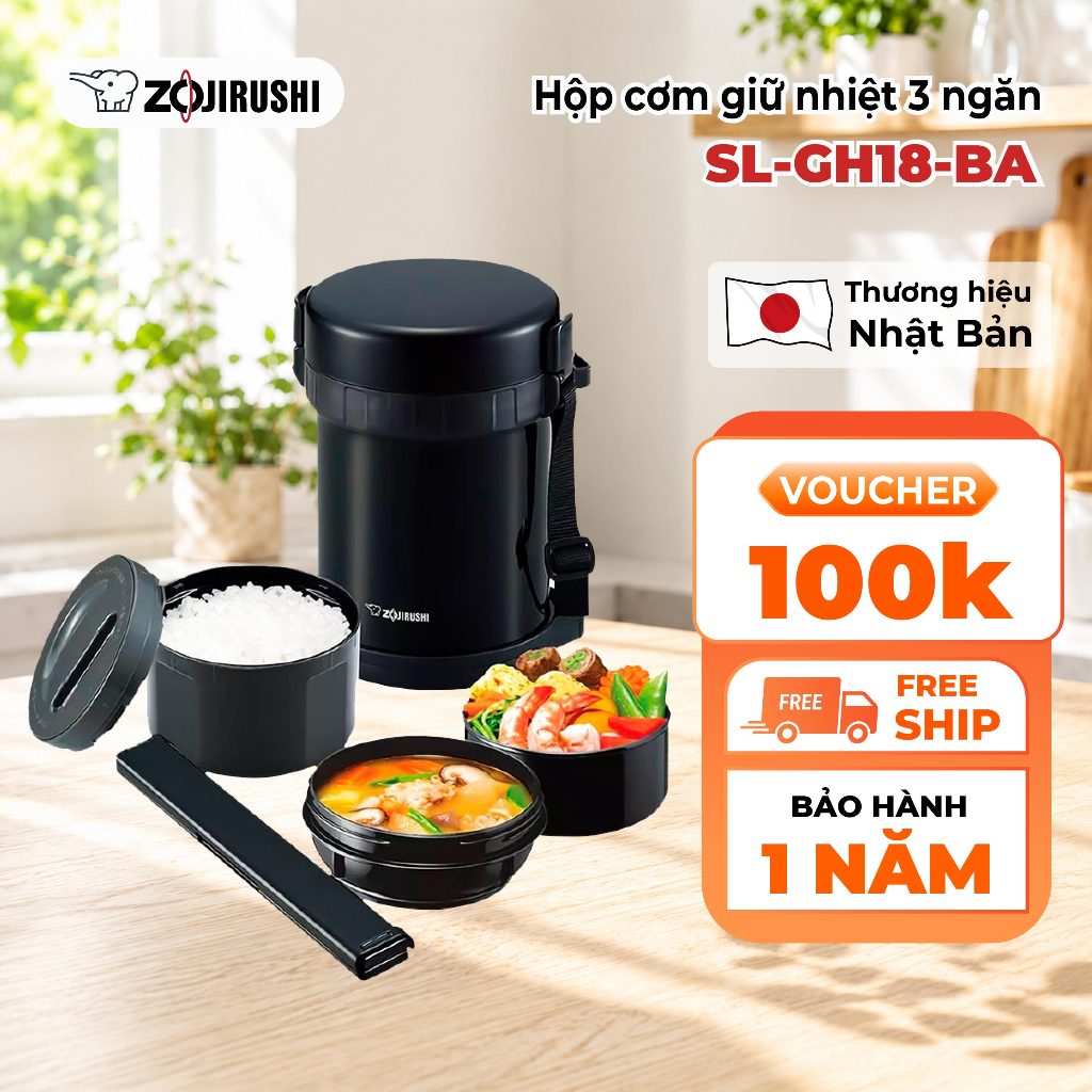[HỎA TỐC] Hộp Cơm Giữ Nhiệt Zojirushi 3 ngăn SL-GH18-BA dung tích 1,27L, bảo hành giữ nhiệt 1 năm