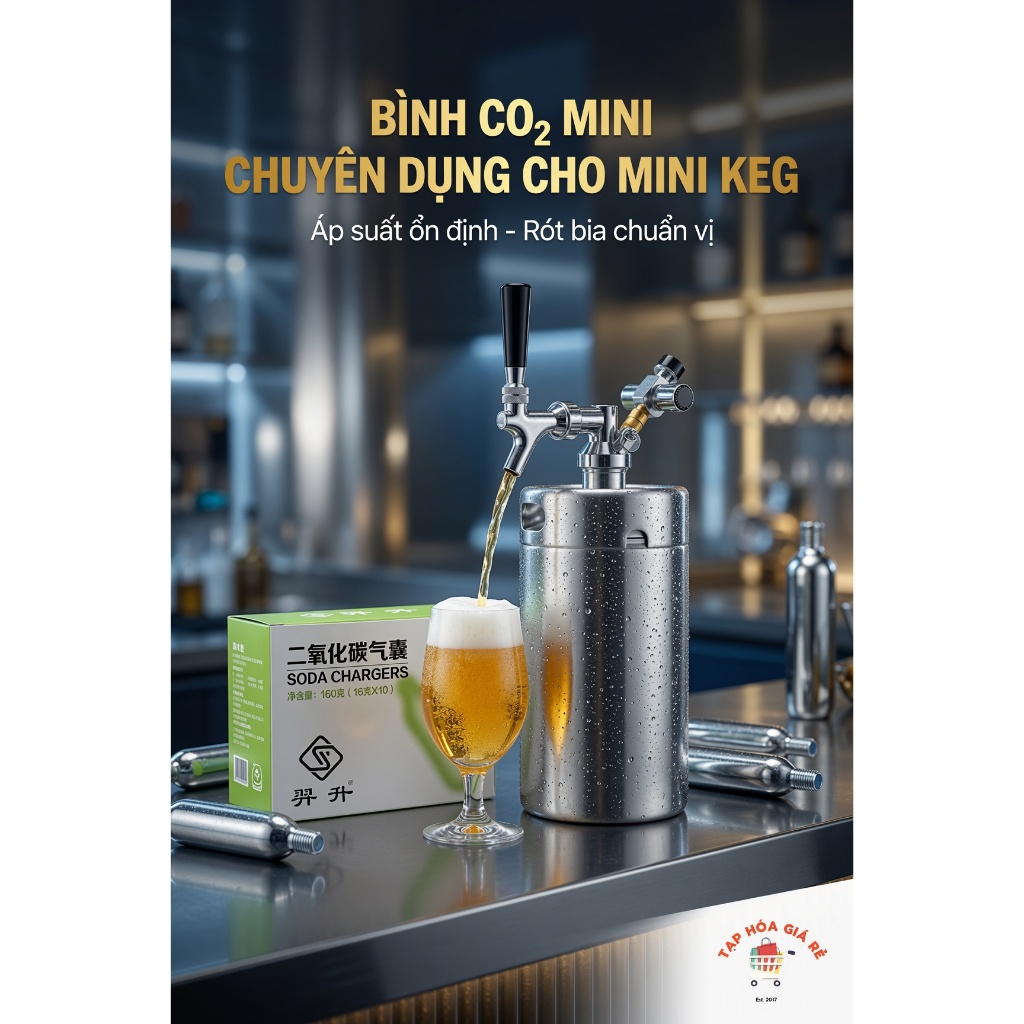 Bình CO₂ Mini Ren Xoáy Cho Mini Keg, Máy Soda - Cartridge CO₂ Tiêu Chuẩn - Hộp 10 Bình