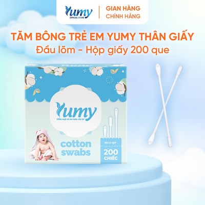 Tăm bông trẻ em YUMY đầu dẹt lõm hộp 200 chiếc thân giấy vệ sinh hiệu quả an toàn cho bé (TB14_107)
