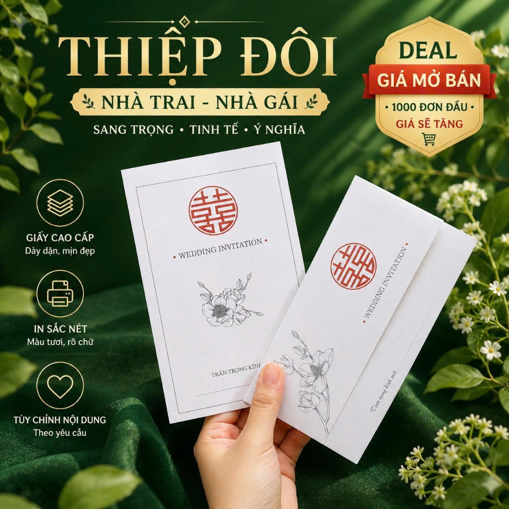 (DEAL MỞ BÁN) Thiệp cưới Khải Ngọc Thiệp cưới in theo yêu cầu Ánh kim thơm 200gsm Mã BB 304 và 329