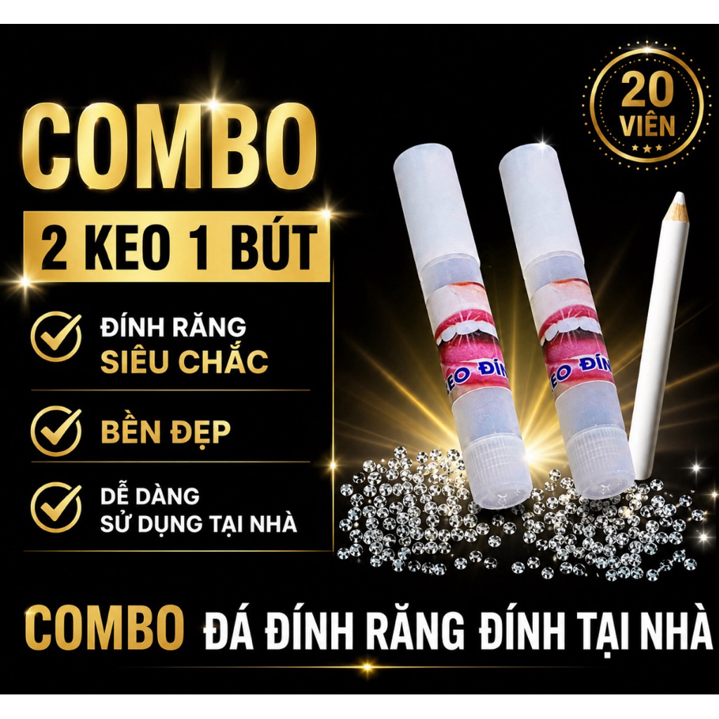 Combo 20v Đá Đính Răng đủ size kèm 2 Keo 1 đính Bút đính( đá chân bằng).