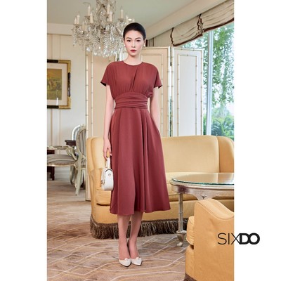 Đầm dáng xòe dài eo nhún ngắn tay SIXDO (Russet Woven Flared Dress)