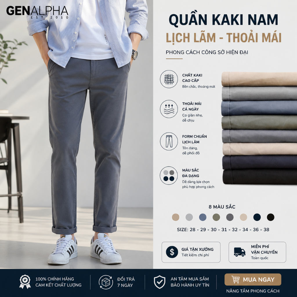 Quần Dài Kaki Nam GEN ALPHA GEN4634 - Quần Kaki Basic Co Giãn Cao Cấp Form Slimfit