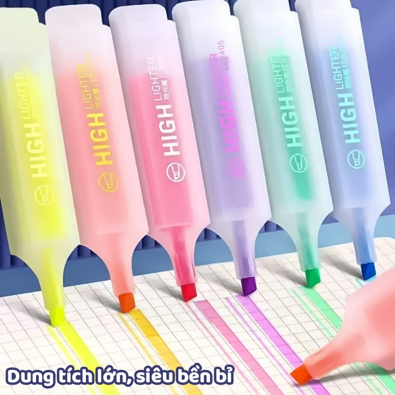 Bộ 6 bút dạ quang phẳng ngòi rộng nhanh khô màu bền, bút highlight đánh dấu ghi chép học sinh văn ph