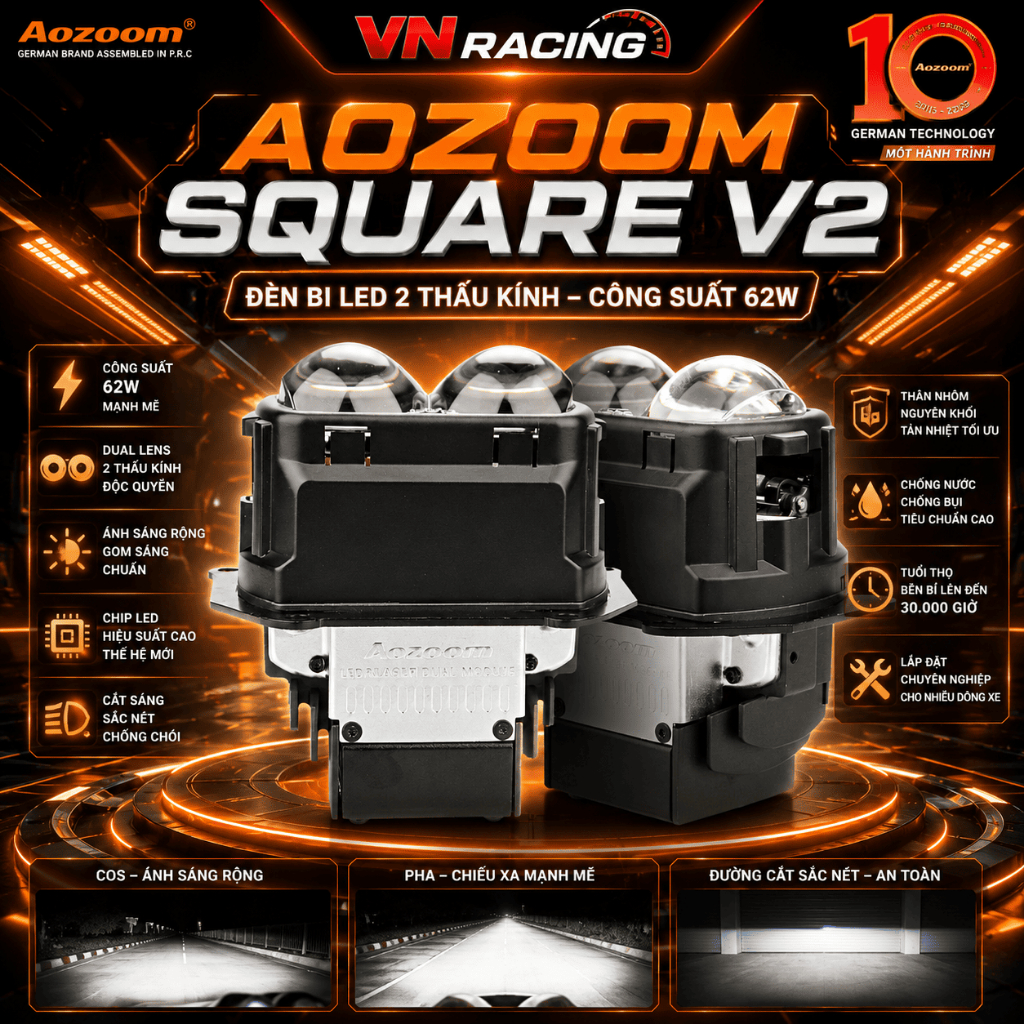 Đèn Bi LED AOZOOM SQUARE V2 62W 1.8 Inch 2 Thấu Kính Chính Hãng Ánh Sáng Mạnh Hiệu Suất Cao BH 3 Năm