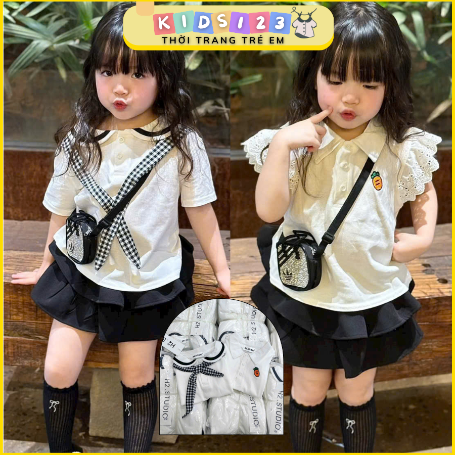 Set 2 áo cộc tay trắng bé gái H2.studio back to school đi học đi chơi xinh xắn điệu đà