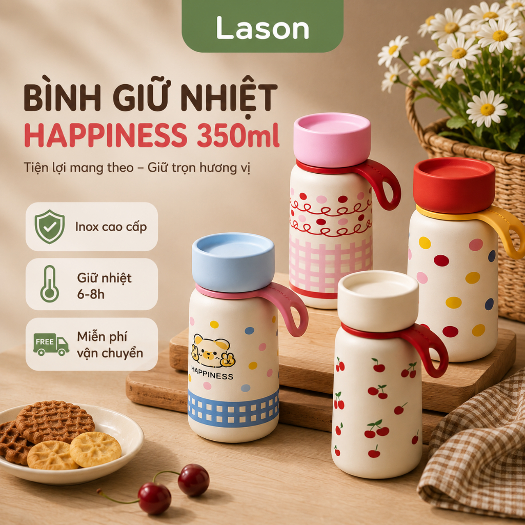 Bình nước giữ nhiệt Lason Happiness 350ml nhỏ gọn, inox 316 an toàn