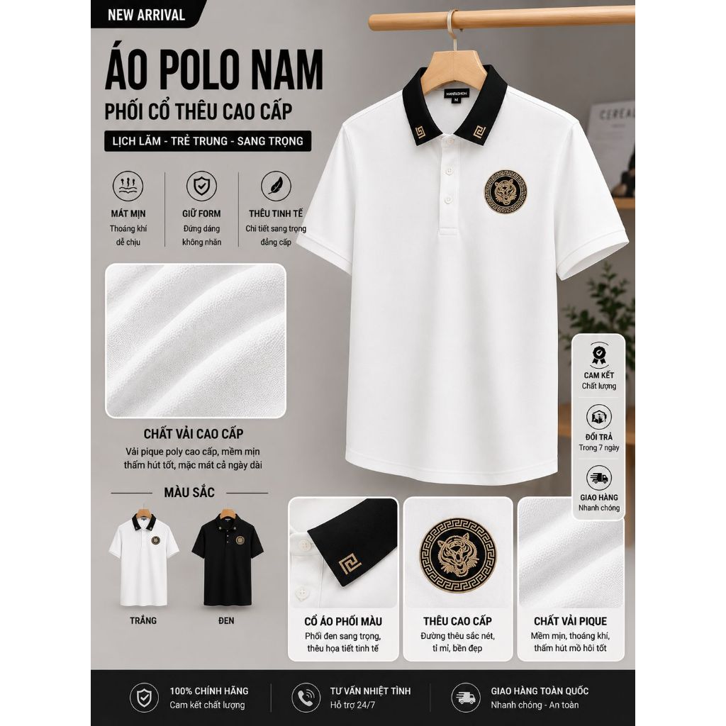 Áo Polo Nam Cao Cấp 1991 LUXURY – Áo Thun Polo Trắng Cổ Đen Logo Hổ Thêu, Form Body Co Giãn 4 Chiều,