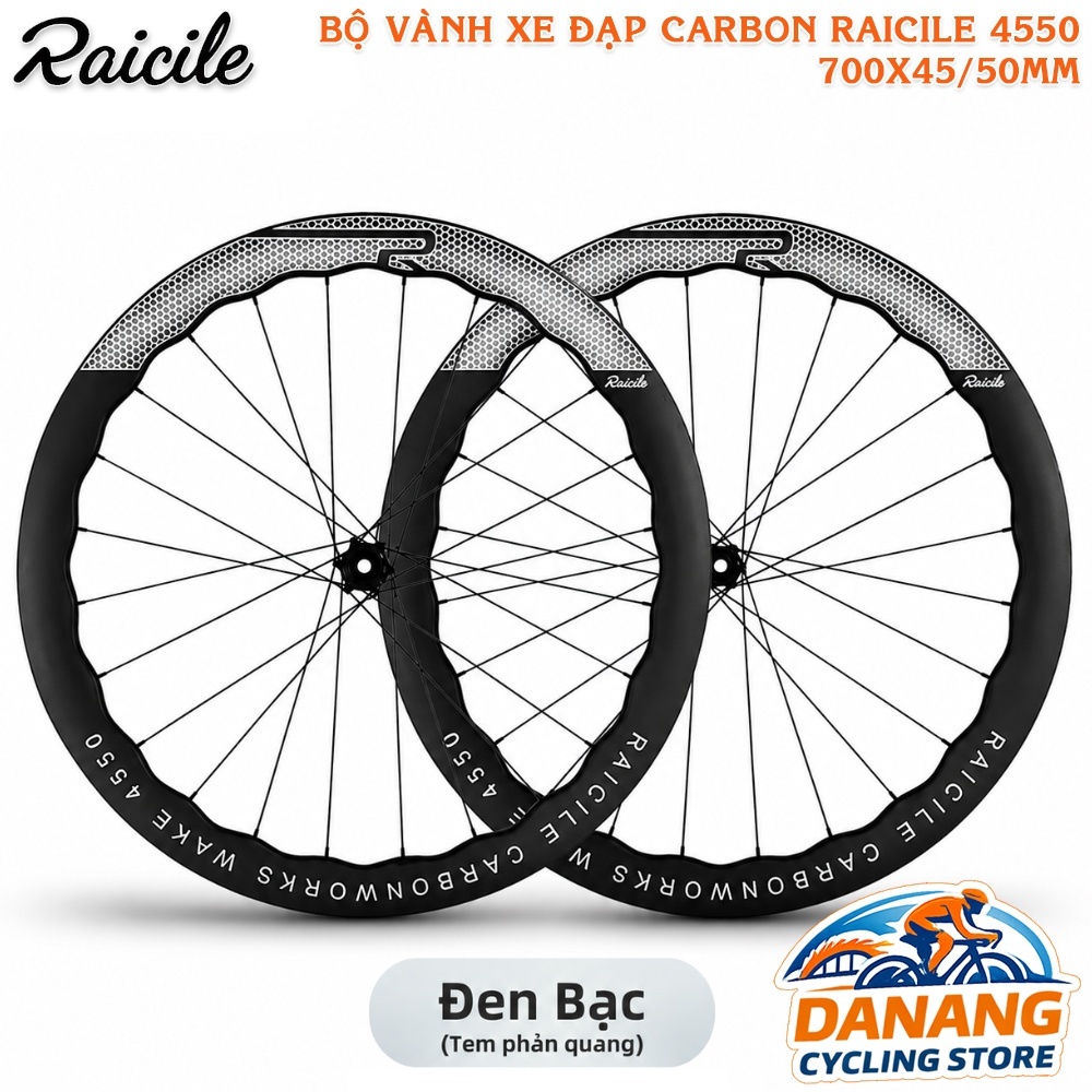 Bộ Vành Carbon Xe Đạp Dạng Sóng RAICILE 700x45/50mm Tem Bạc – Wheelset Carbon Phanh Đĩa Center Lock Thru Axle