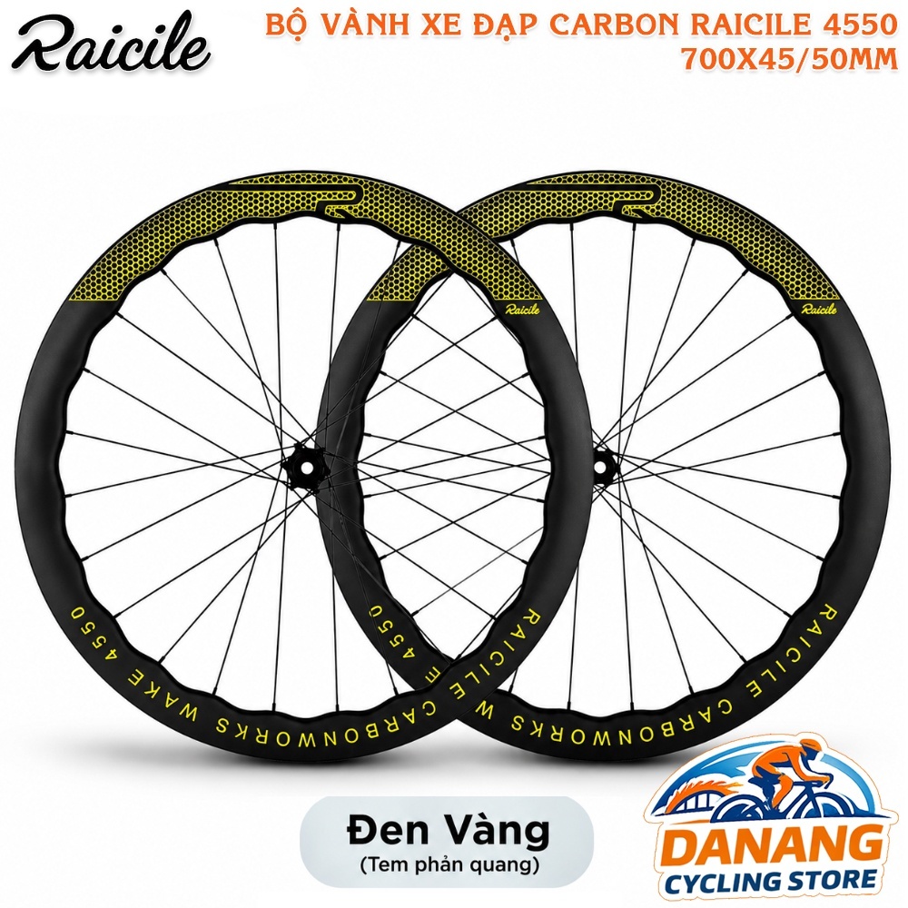 Bộ Vành Carbon Xe Đạp Dạng Sóng RAICILE 700x45/50mm Tem Vàng – Wheelset Carbon Phanh Đĩa Center Lock Thru Axle