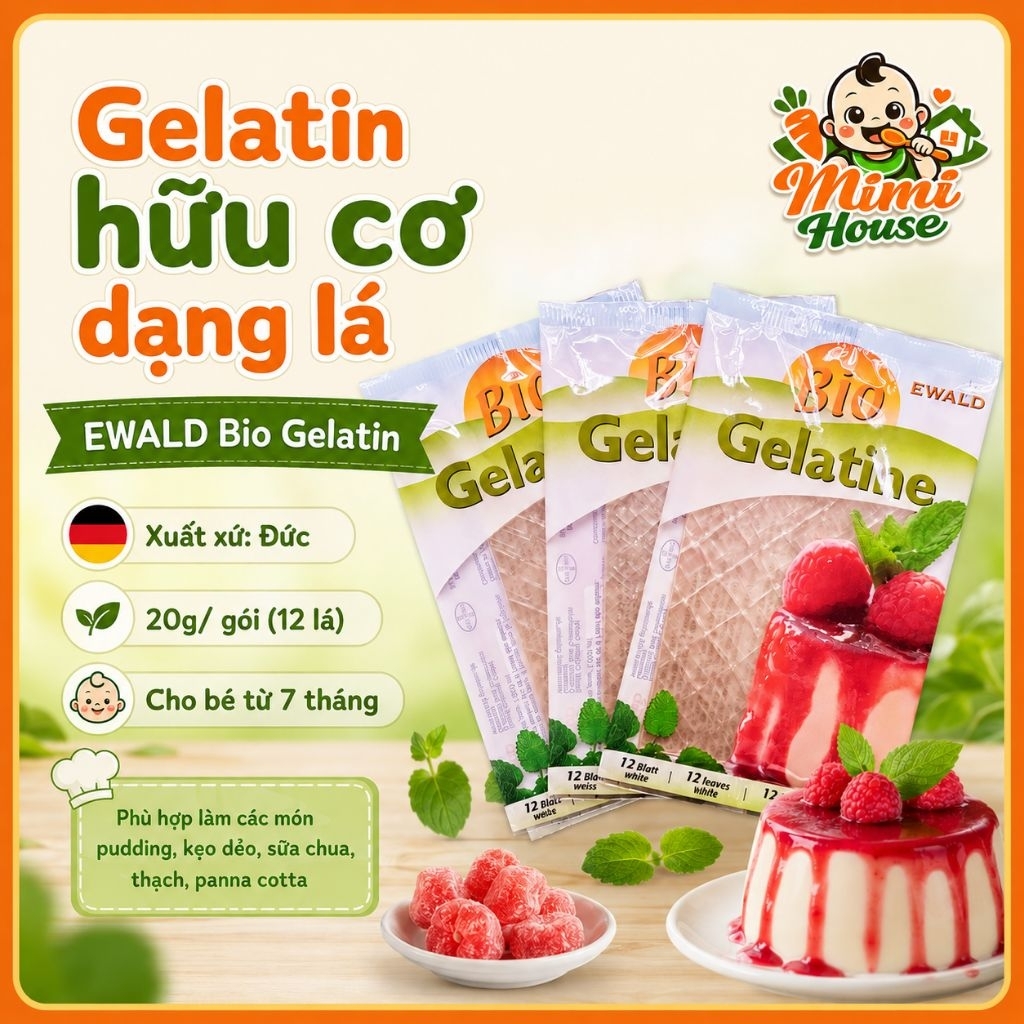 [Date 8/2027] Gelatin hữu cơ dạng lá Ewald Bio gói 20g (12 lá) cho bé từ 7 tháng tuổi