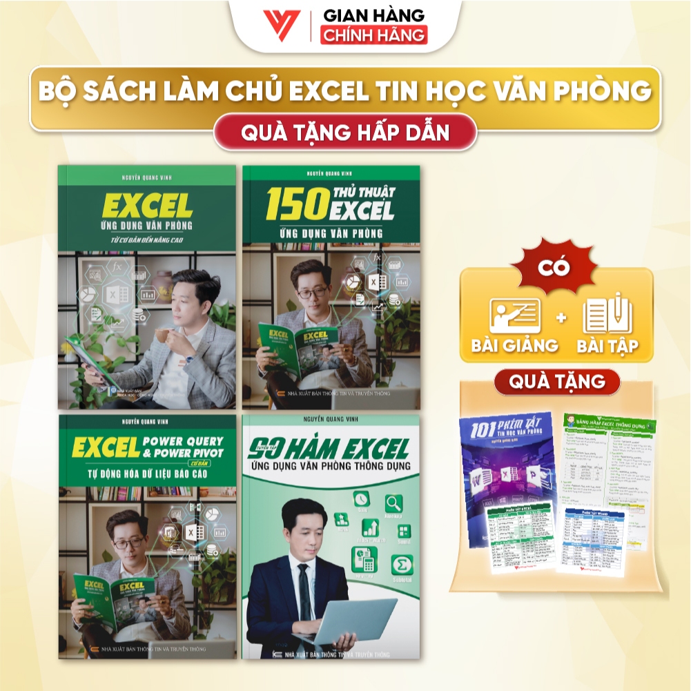 Combo 4 Sách Excel - 90 HÀM - 150 Thủ thuật - Power Query & Pivot Excel Ứng Dụng Văn Phòng