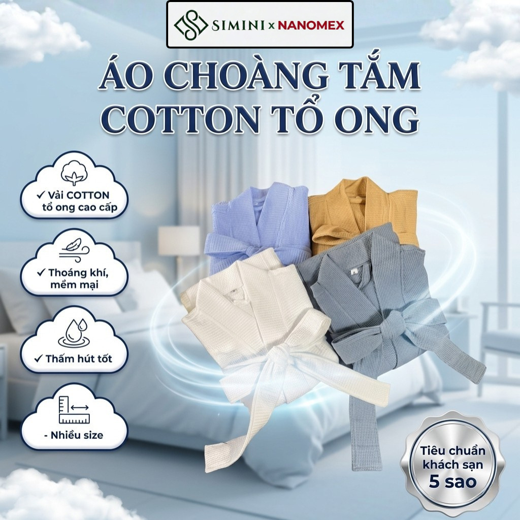 Áo Choàng Tắm Cotton Tổ Ong Nanomex 100% Cotton Cao Cấp Mềm Mịn Thấm Hút Không Ra Màu