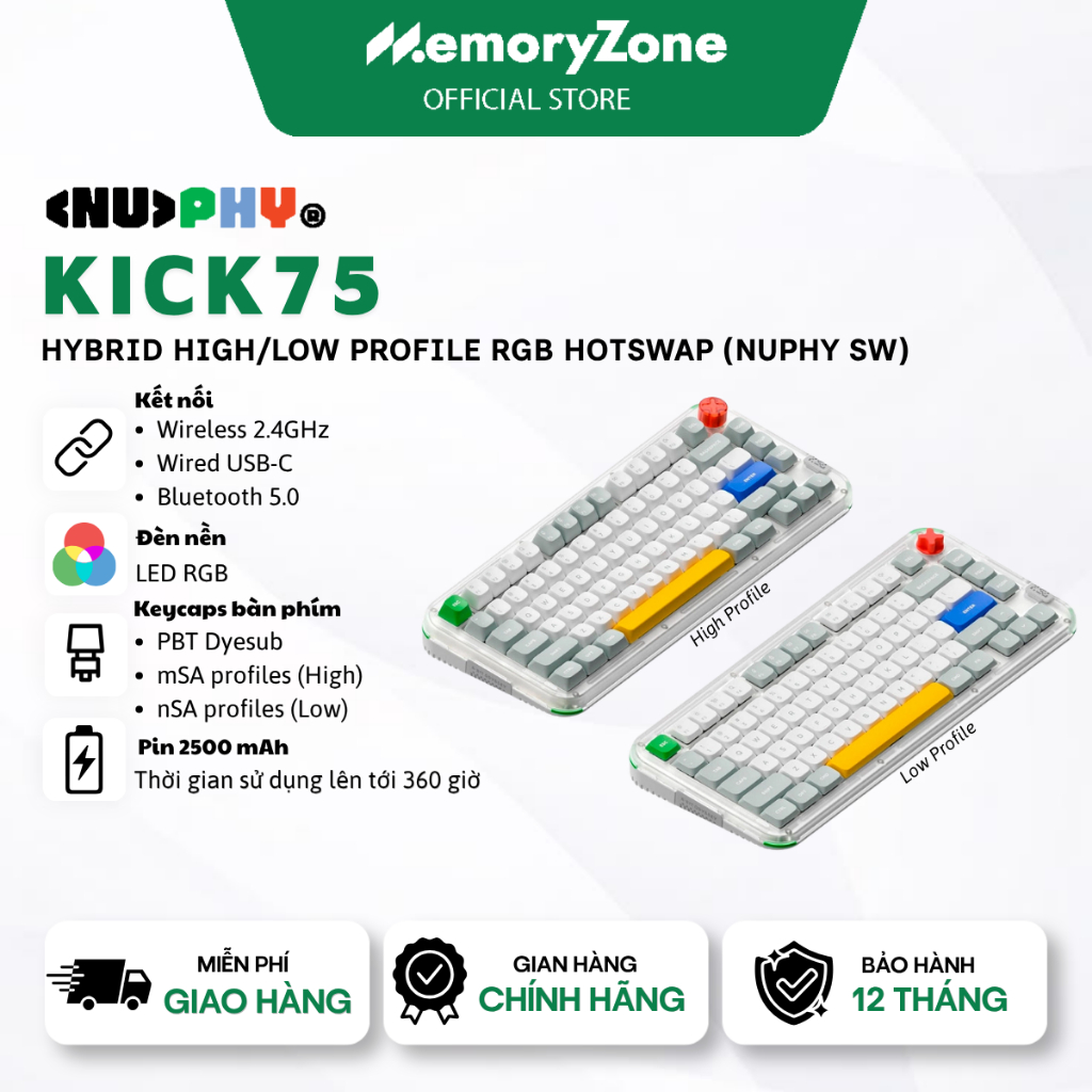 [CHÍNH HÃNG] Bàn phím cơ không dây NuPhy Kick75 Hybrid High / Low Profile RGB Hotswap (Nuphy Sw) - B