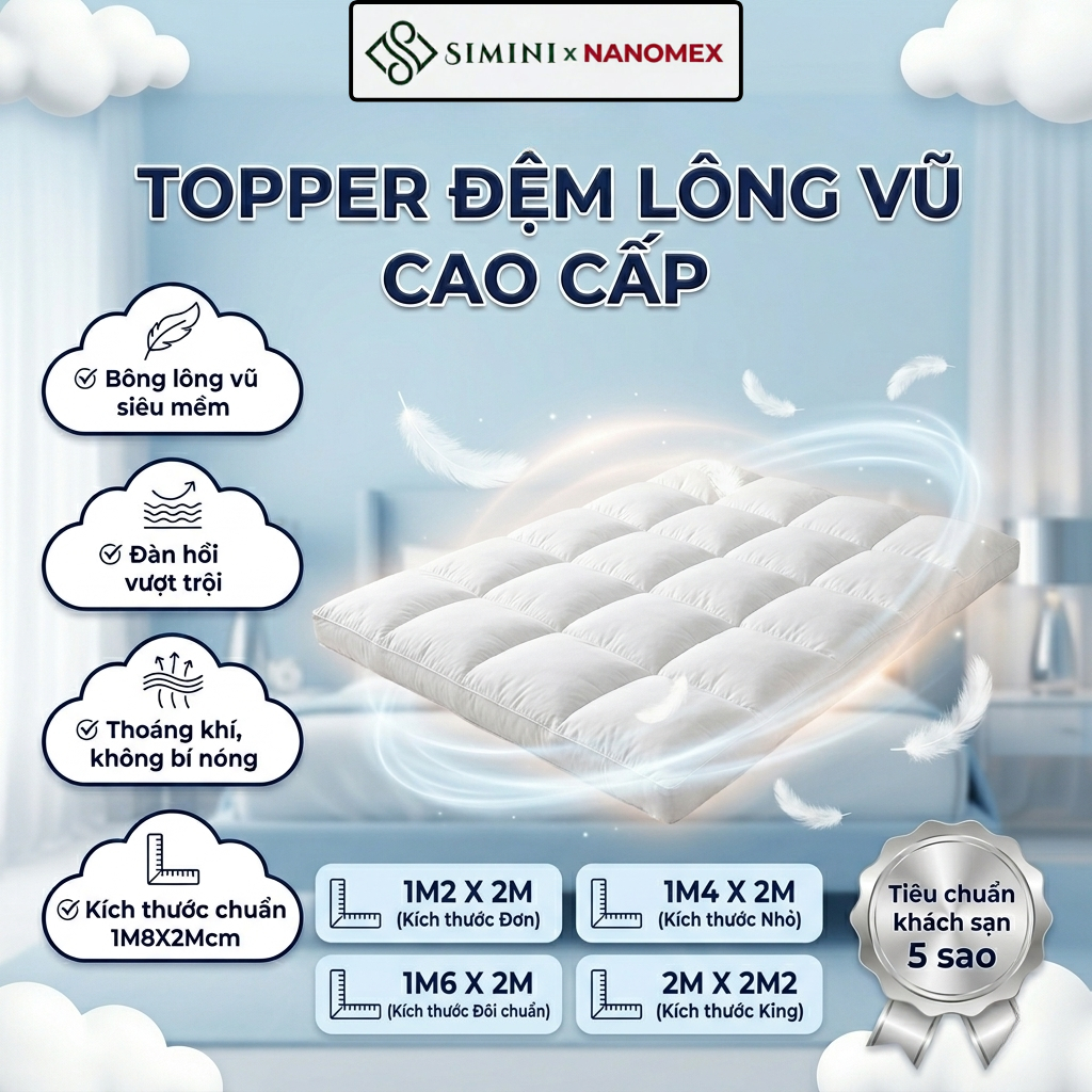 Đệm Topper Lông Vũ Nanomex Bông Microfiber Siêu Nhẹ Dày 5-7cm Dùng Cho Khách Sạn Siêu Mềm Mịn