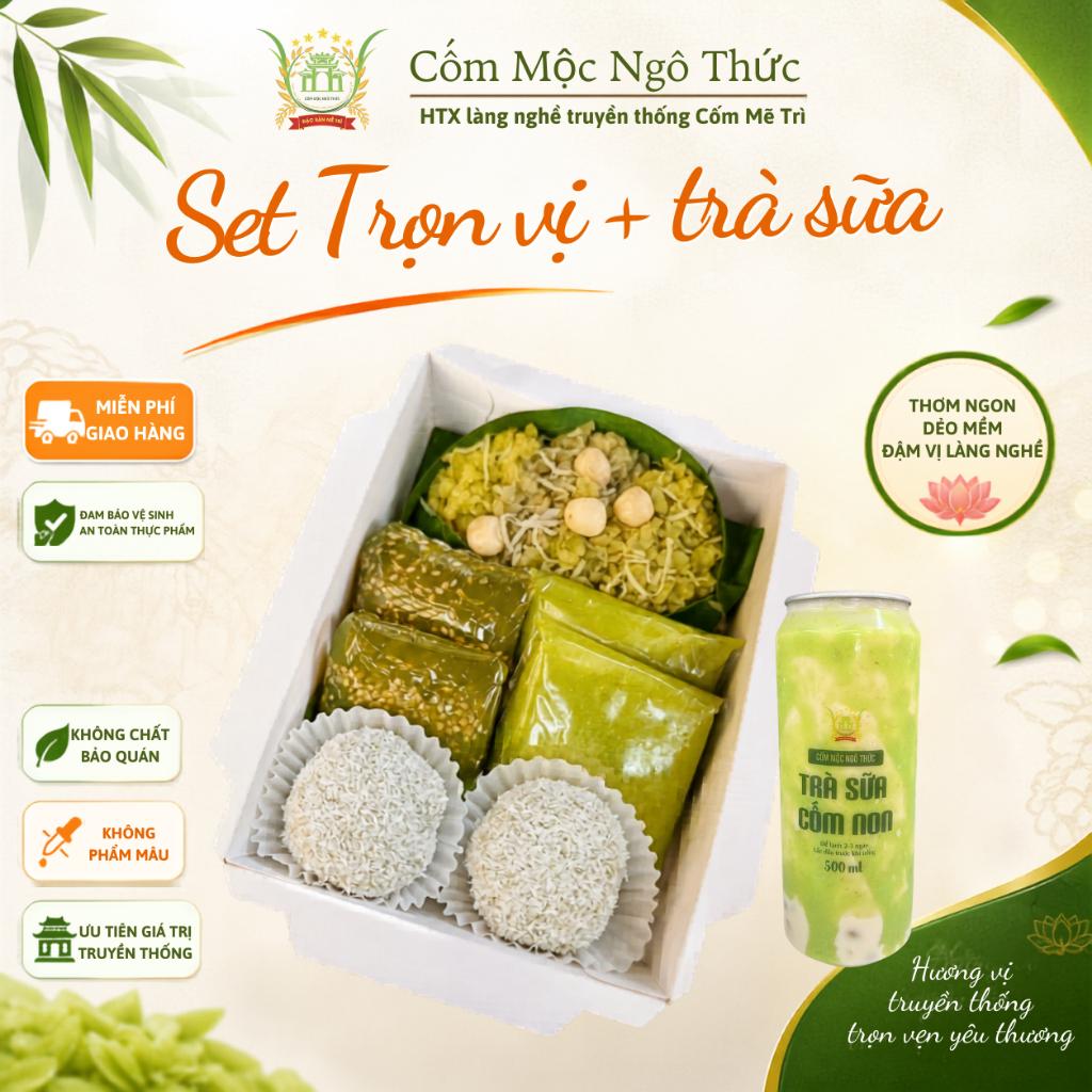 [HỎA TỐC] Set Trọn Vị Kèm Trà Sữa Cốm Non | Xôi Cốm Sen Dừa Bánh Cốm Bánh Xu Xê Mochi Cốm | Đặc Sản 