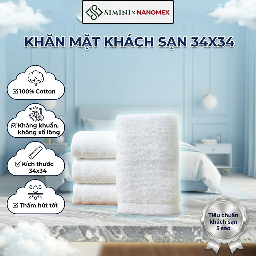 Khăn Mặt Khách Sạn Nanomex 34x34cm 100% Cotton, Thấm Hút Tốt, Mềm Mại Không Xổ Lông Bai Xù
