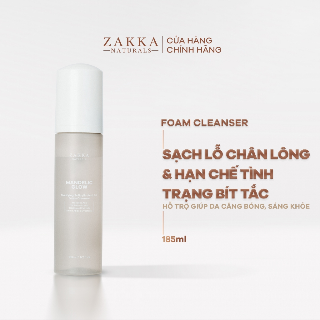 Sữa rửa mặt tạo bọt BHA, AHA Mandelic Glow Zakka Naturals 185ml